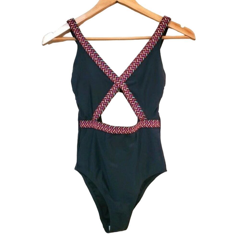 Xhilaration Swimsuit Womens Size XSmall Black Embroidered One Piece Adjustable